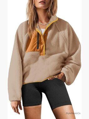 Fuzzy Fleece Pullover Sherpa Sweatshirt Button Down Winter Jacket with Pockets